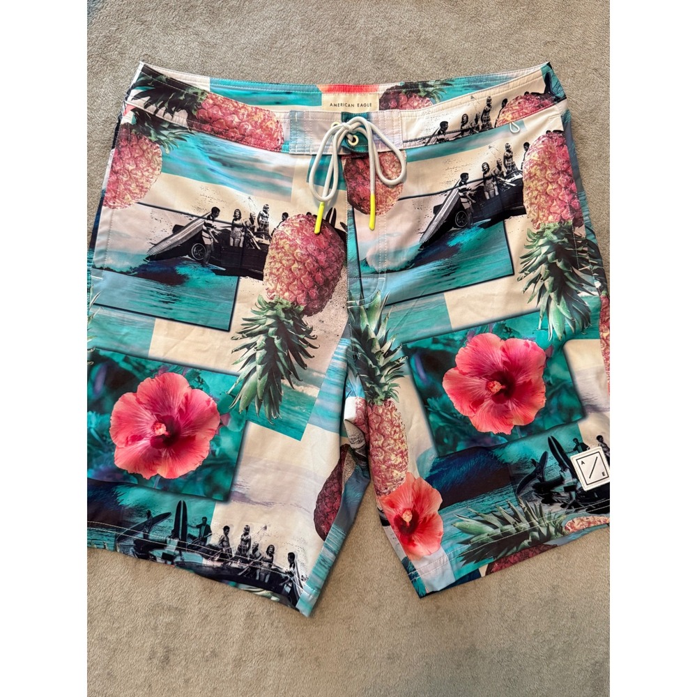 American Eagle Mens Tropical Pineapple Hibiscus Board Shorts Swim Trunks Large